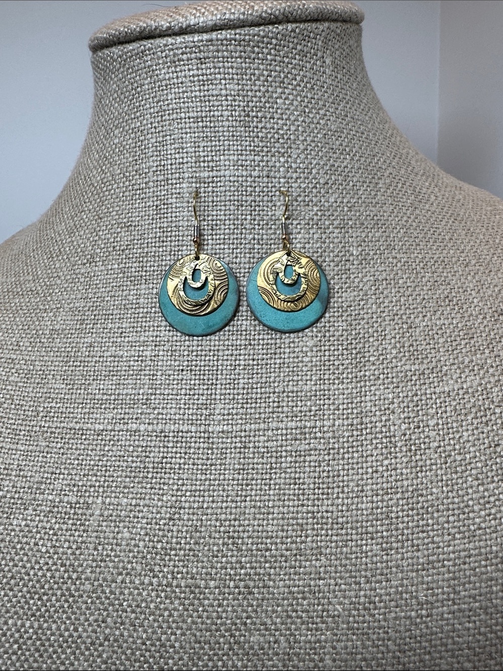 Artisan Silver Forest Teal and Gold Layered Disc Earrings